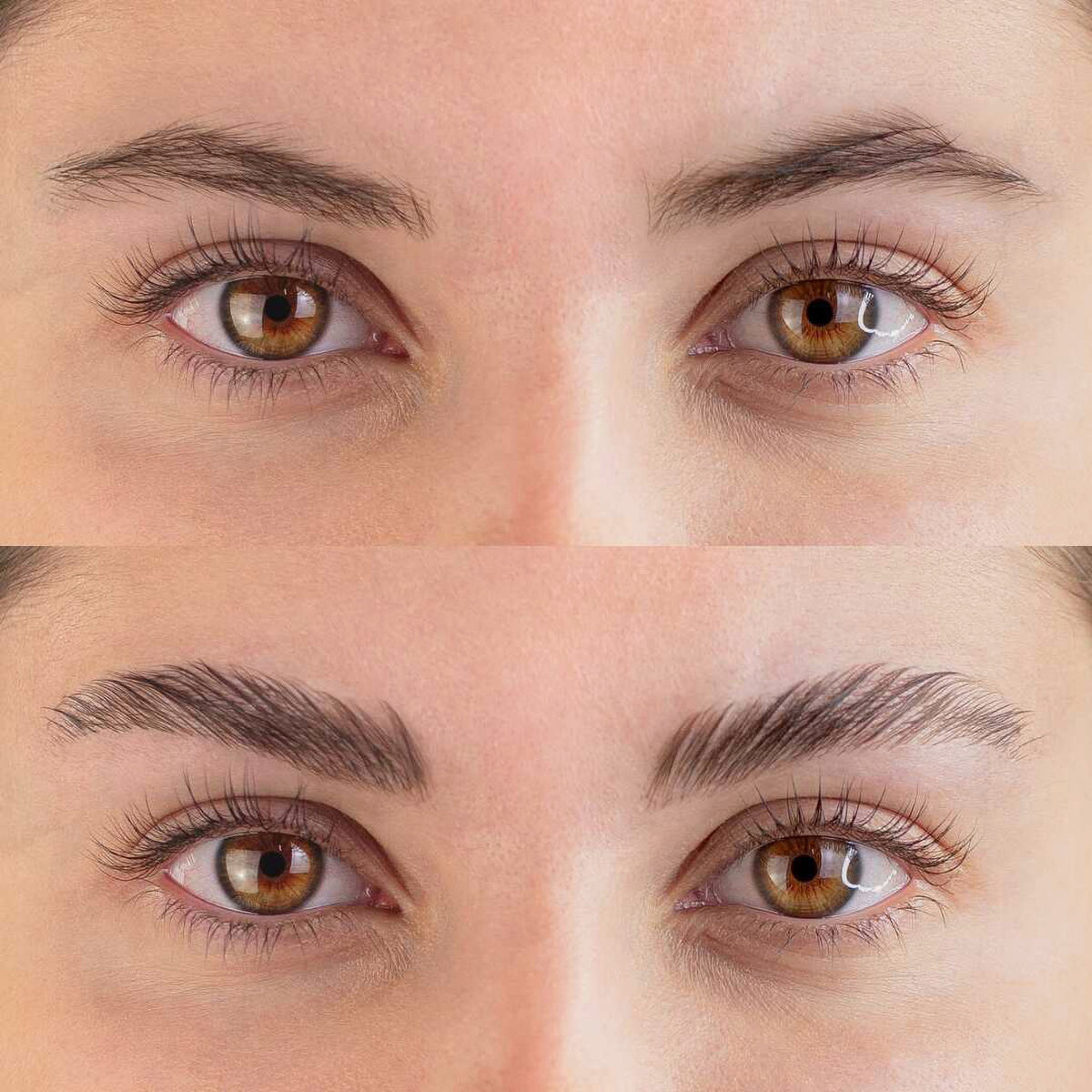 Nahaufnahme brauner Augen, die die Augenbrauen vor (dünn) und nach (dicker, voller) der Verwendung des Browlift Kit Mini zeigt.