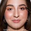 Vorher-Nachher-Bild des Gesicht einer Frau mit und die LH Cosmetics Infinity Power Lash Soft Volume Mascara; nachher definierte schwarze Wimpern.