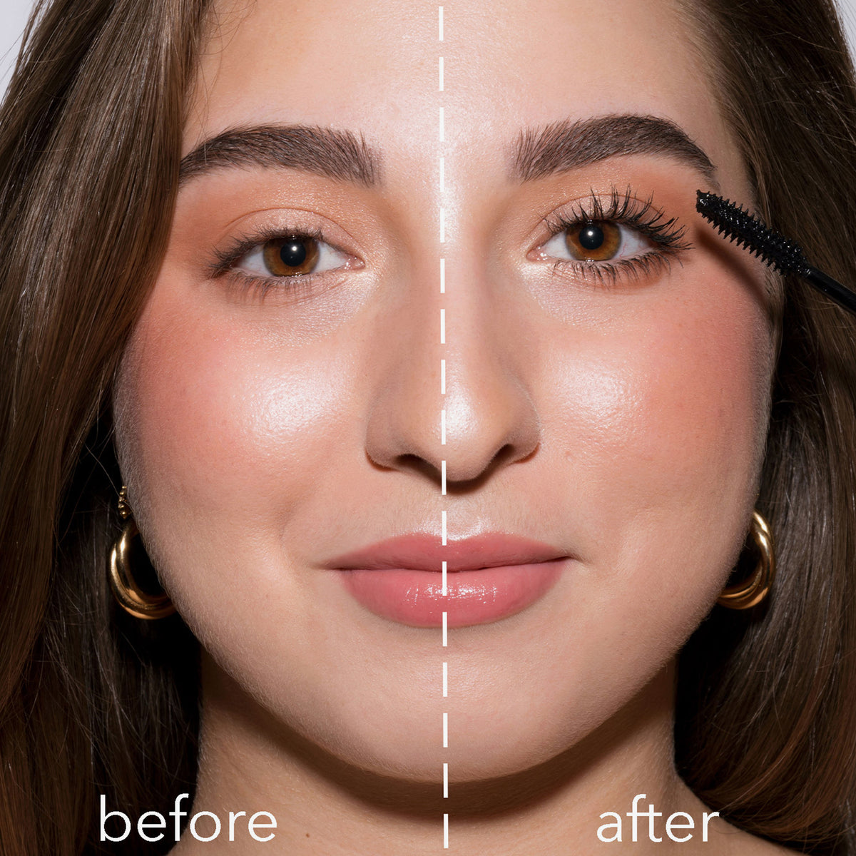 Vorher-Nachher-Bild des Gesicht einer Frau mit und die LH Cosmetics Infinity Power Lash Soft Volume Mascara; nachher definierte schwarze Wimpern.