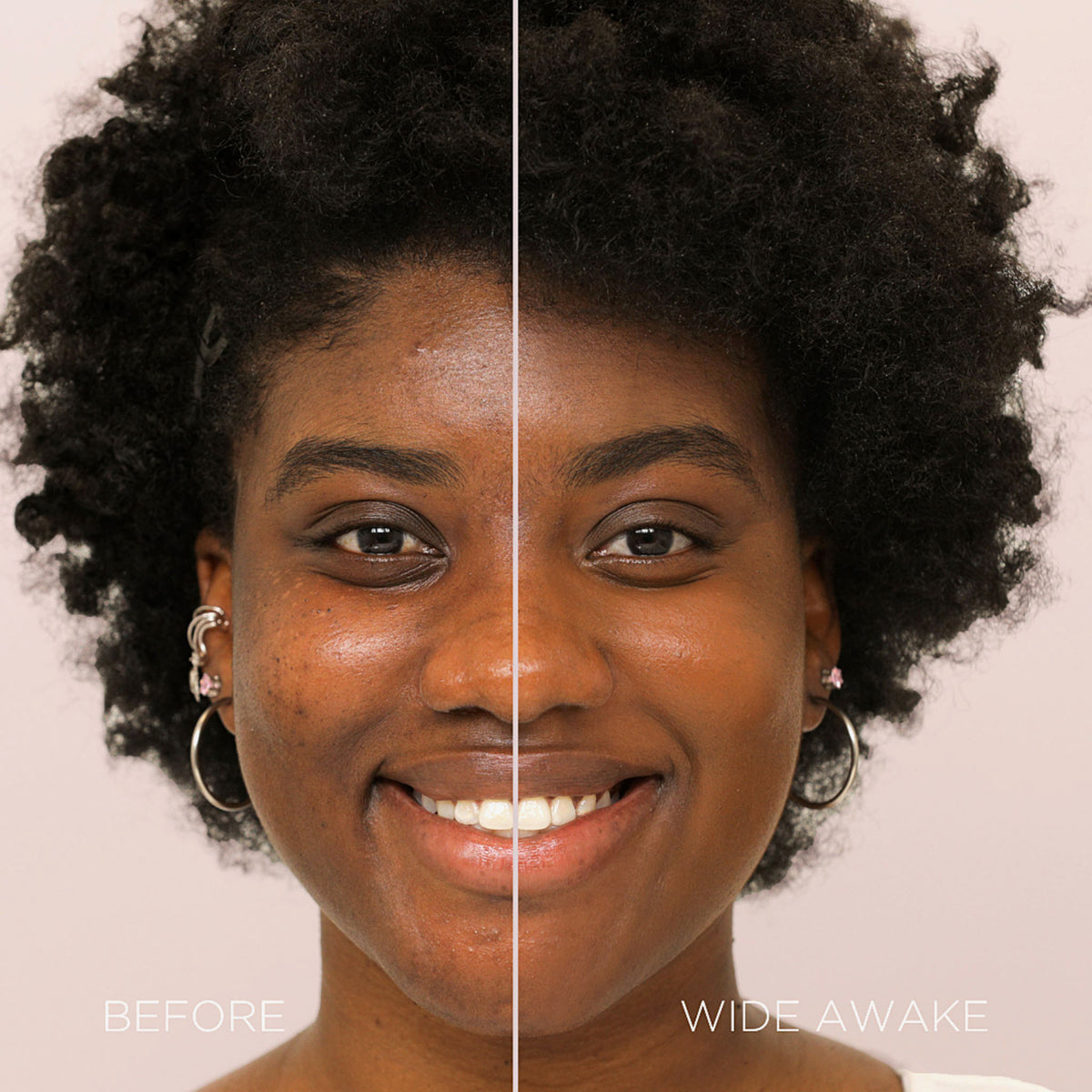 Gesicht einer Frau vor und nach der Verwendung des Wide Awake Full Coverage Concealers Java; nachher ebenmäßig leuchtender Teint.