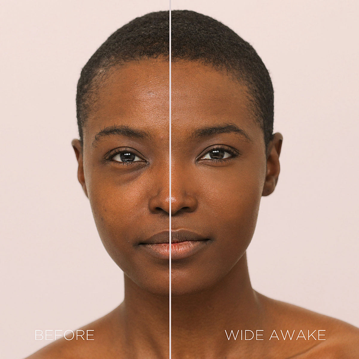 Gesicht einer Frau vor und nach der Verwendung des Wide Awake Full Coverage Concealers Hazelnut; nachher ebenmäßig leuchtender Teint.