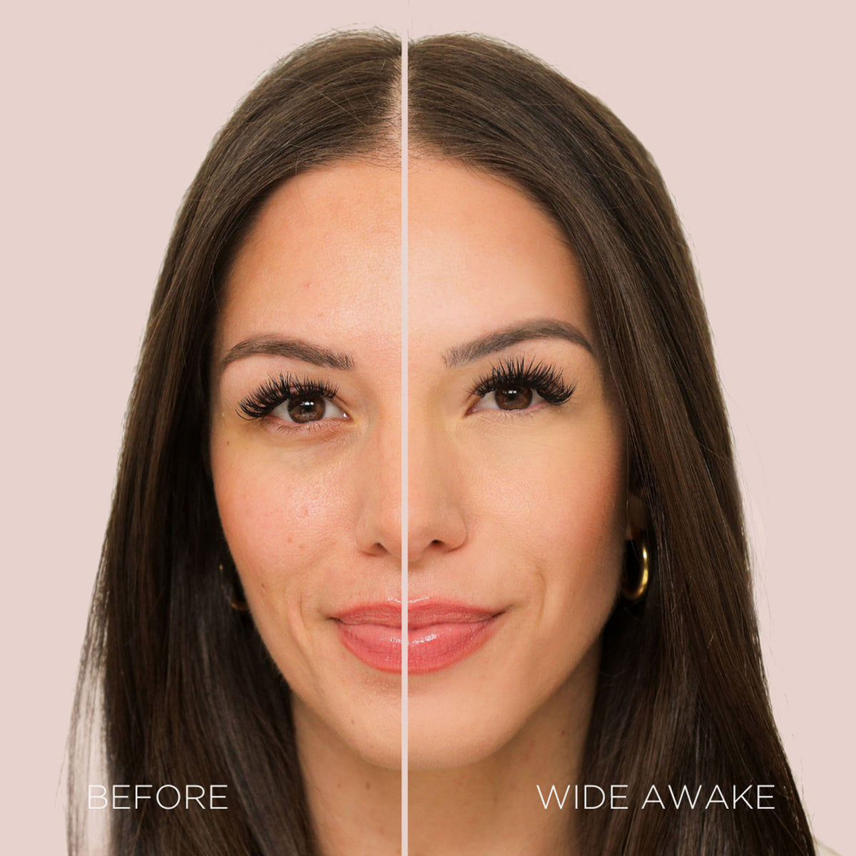 Gesicht einer Frau vor und nach der Verwendung des Wide Awake Full Coverage Concealers Frappuccino; nachher ebenmäßig leuchtender Teint.