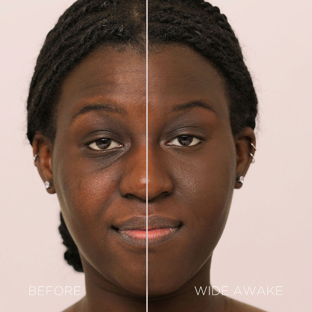 Gesicht einer Frau vor und nach der Verwendung des Wide Awake Full Coverage Concealers Espresso; nachher ebenmäßig Teint.