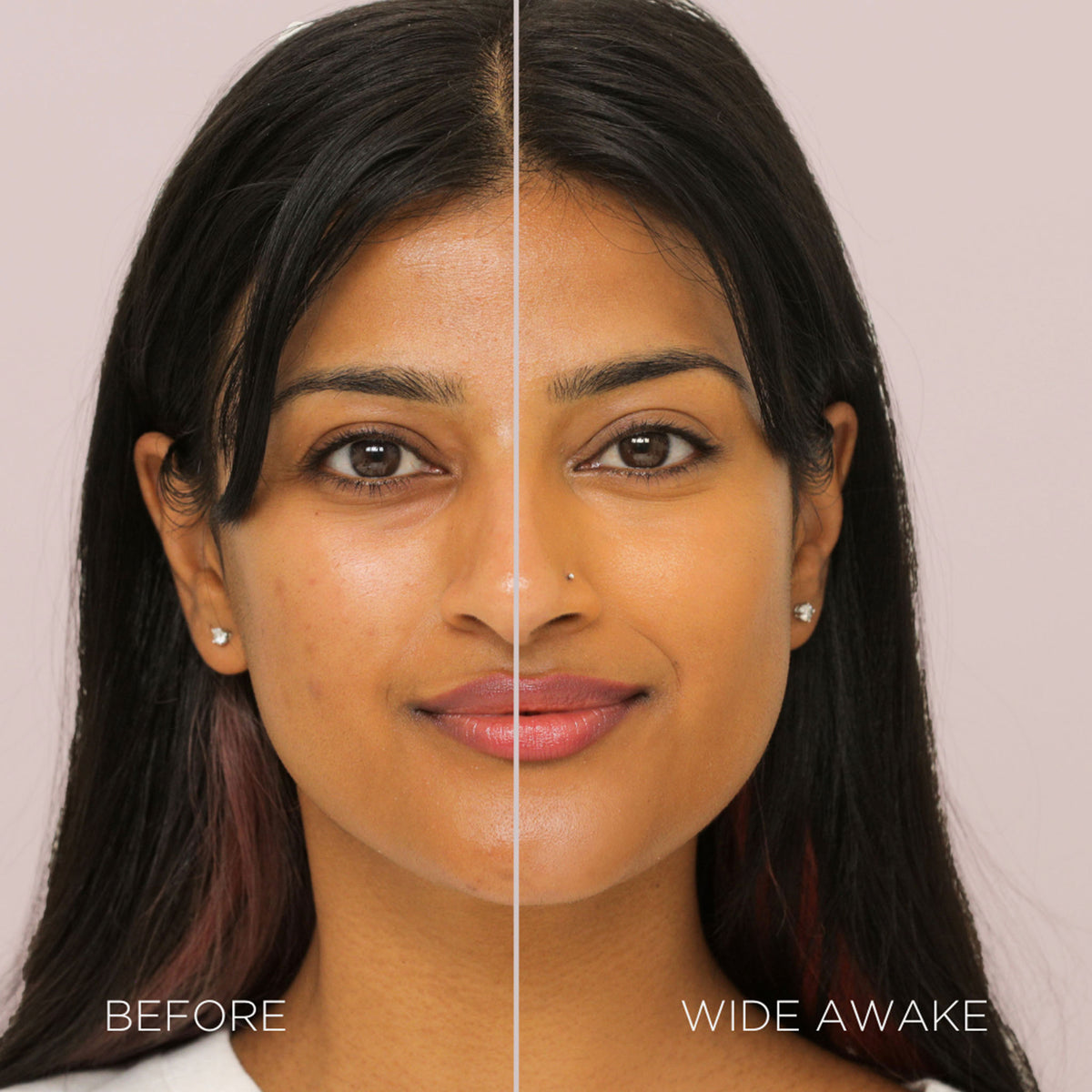 Gesicht einer Frau vor und nach der Verwendung des Wide Awake Full Coverage Concealers Caramel; nachher ebenmäßig Teint.