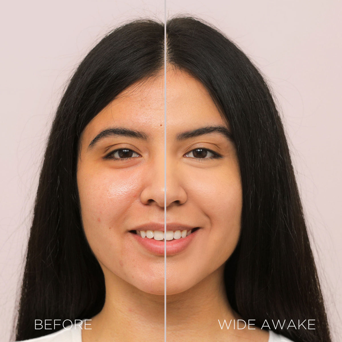 Gesicht einer Frau vor und nach der Verwendung des Wide Awake Full Coverage Concealers Cappuccino; nachher ebenmäßig Teint.