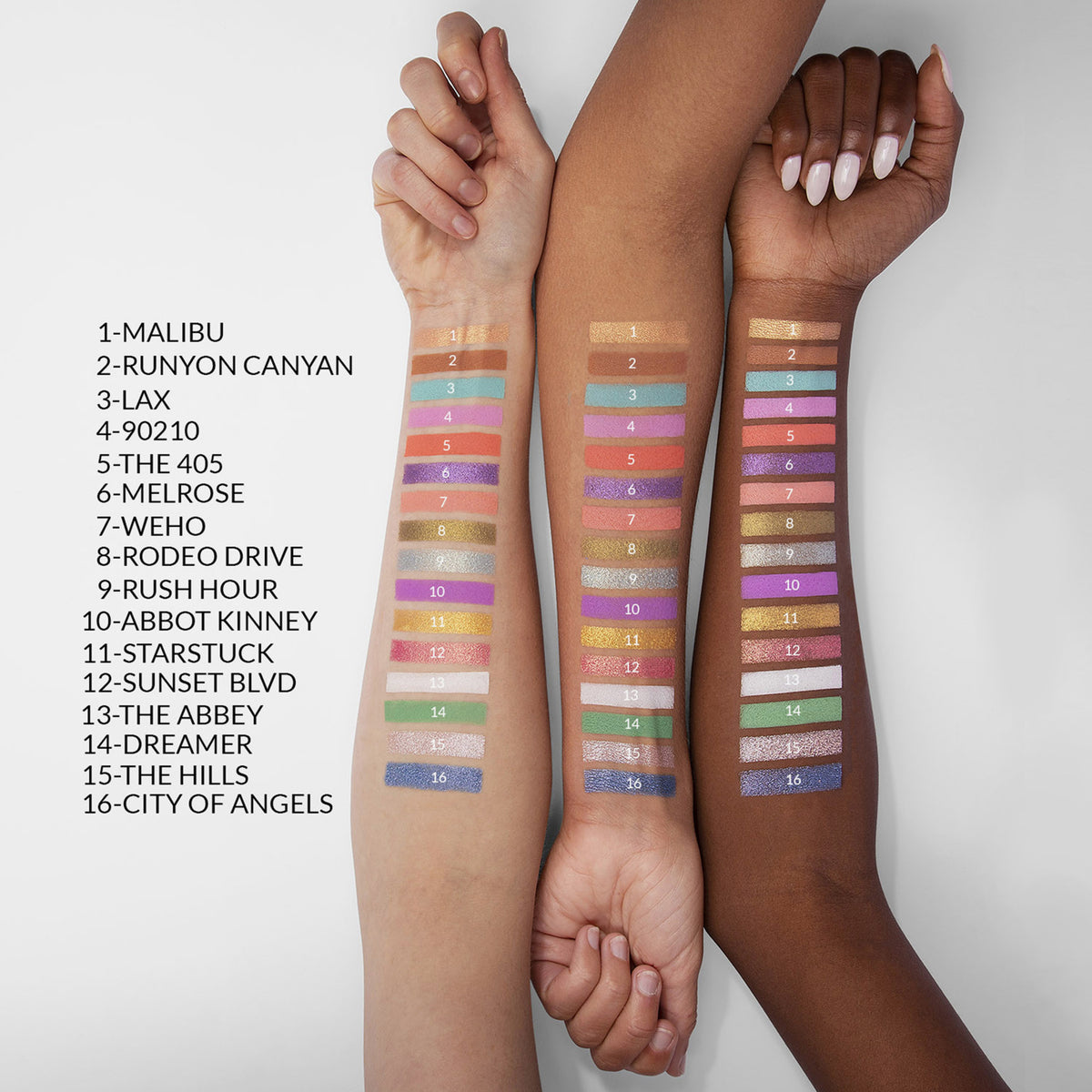 Auf drei Armen unterschiedlicher Hautfarbe sind Swatches der 16 Farben der Lidschattenpalette „Lost in Los Angeles“ zu sehen