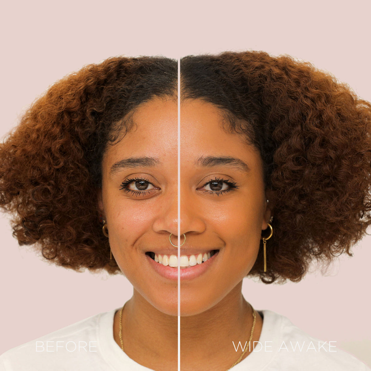 Gesicht einer Frau vor und nach der Verwendung des Wide Awake Full Coverage Concealers Cafe de Canela; nachher ebenmäßig Teint.