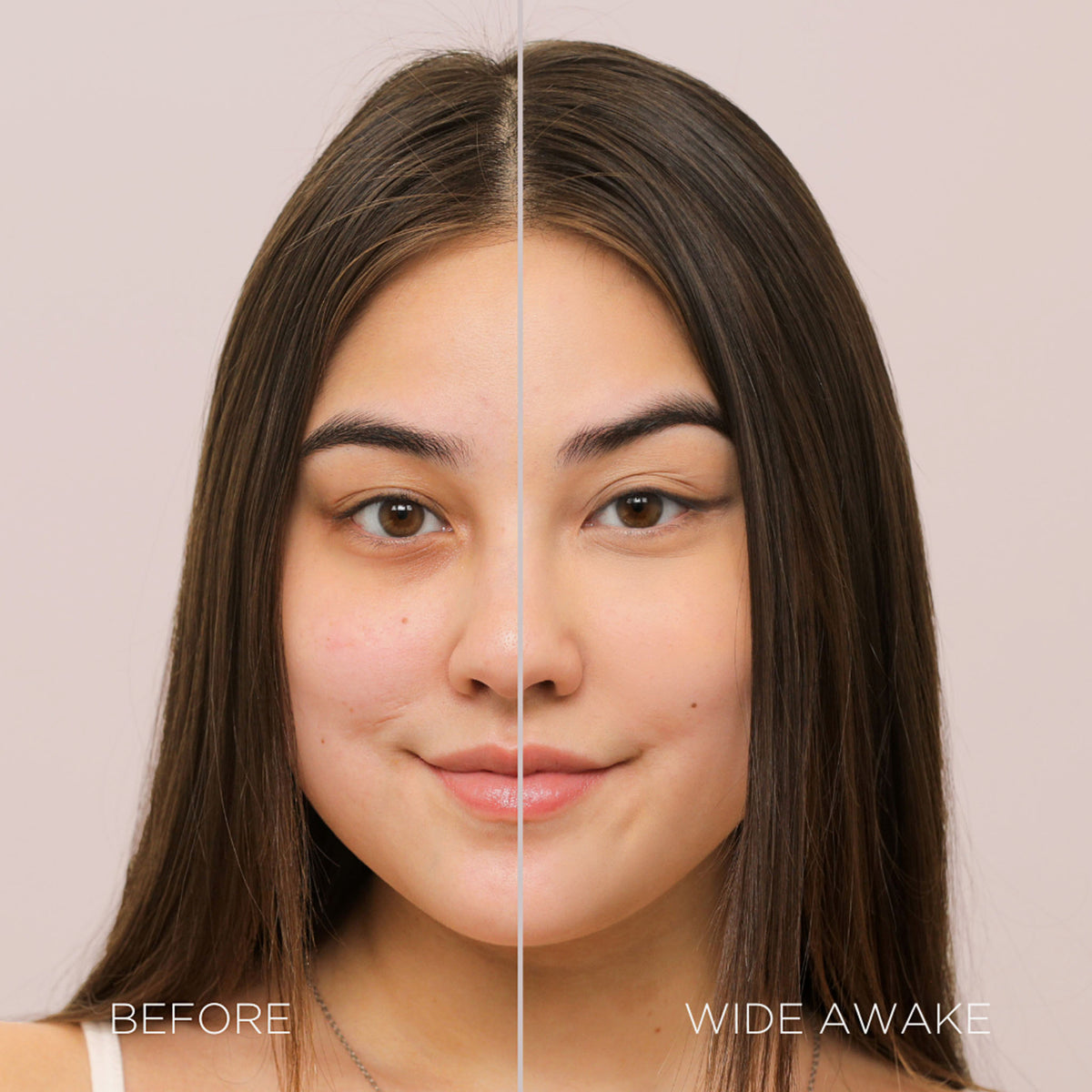 Gesicht einer Frau vor und nach der Verwendung des Wide Awake Full Coverage Concealers Cafe con Leche; nachher ebenmäßig Teint.