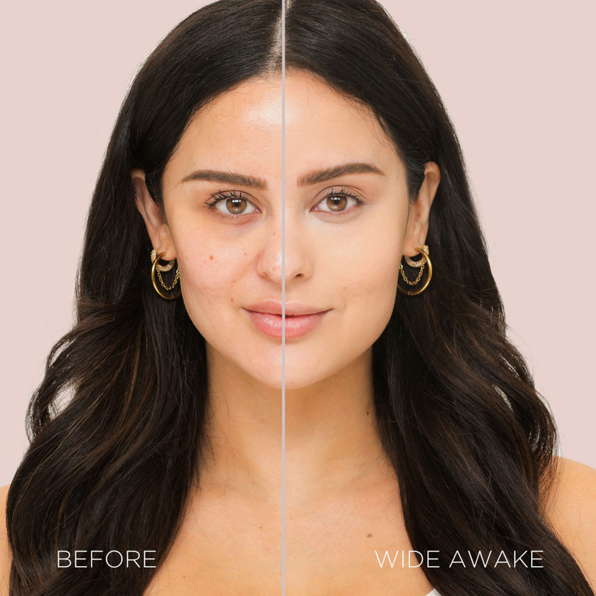 Vorher-nachher-Porträt einer Frau mit mittellangem dunklem Haar – links ungeschminkt, rechts mit ebenmäßigem Teint und Make-up.