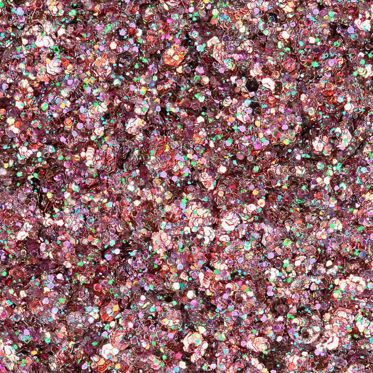 Nahaufnahme der Ruby Lights Glitter Palette mit dicht verstreutem funkelndem rosa, violettem und schimmerndem Glitzer.