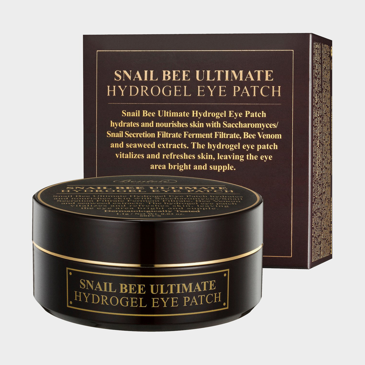 Der Tiegel und die Schachtel des Snail Bee Ultimate Hydrogel Eye Patch mit goldener Schrift vor weißem Hintergrund
