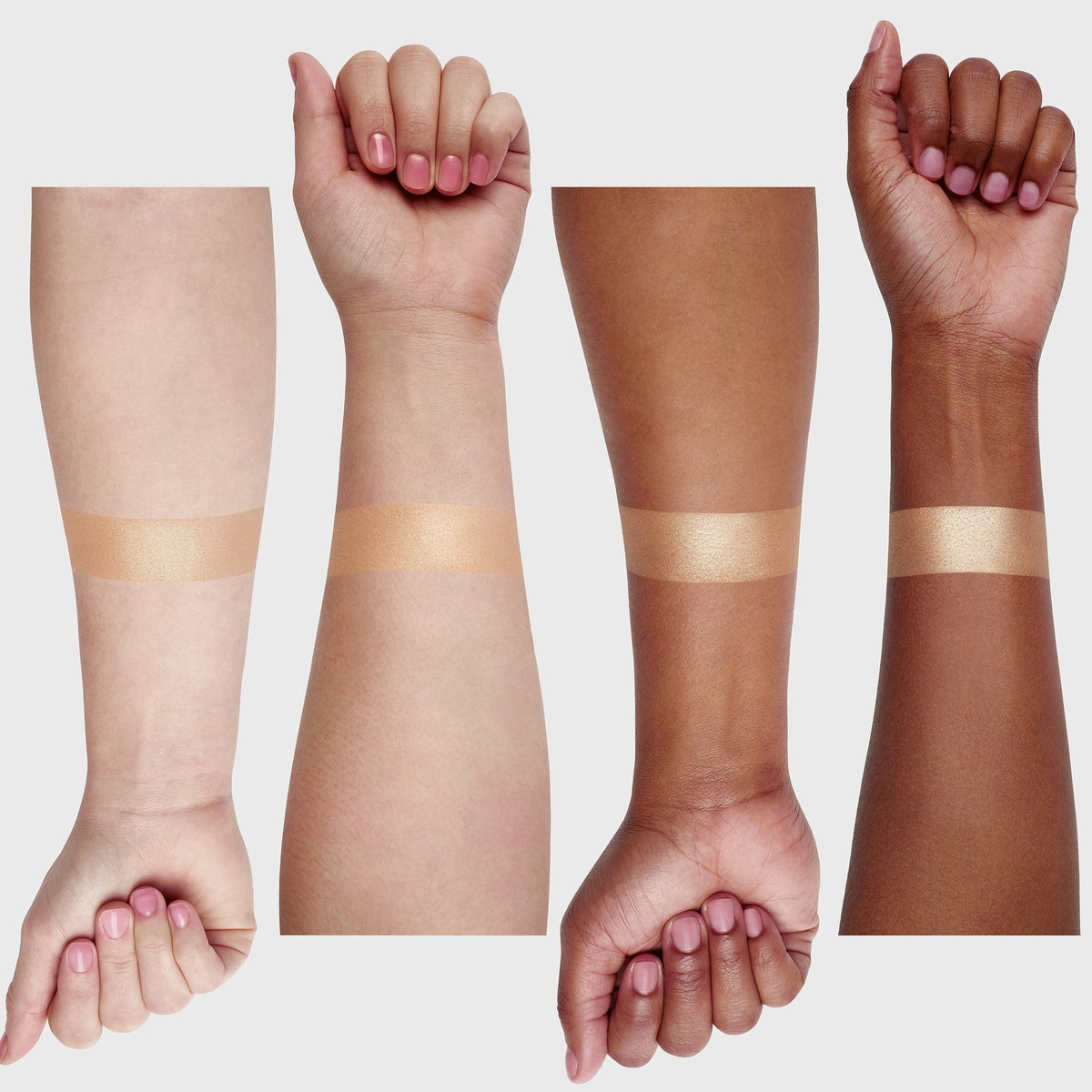 Vier Arme mit unterschiedlichen Hauttönen zeigen auf ihren Unterarmen Farbmuster der Rodeo Drive Highlighter Anniversary Edition von OFRA Cosmetics.