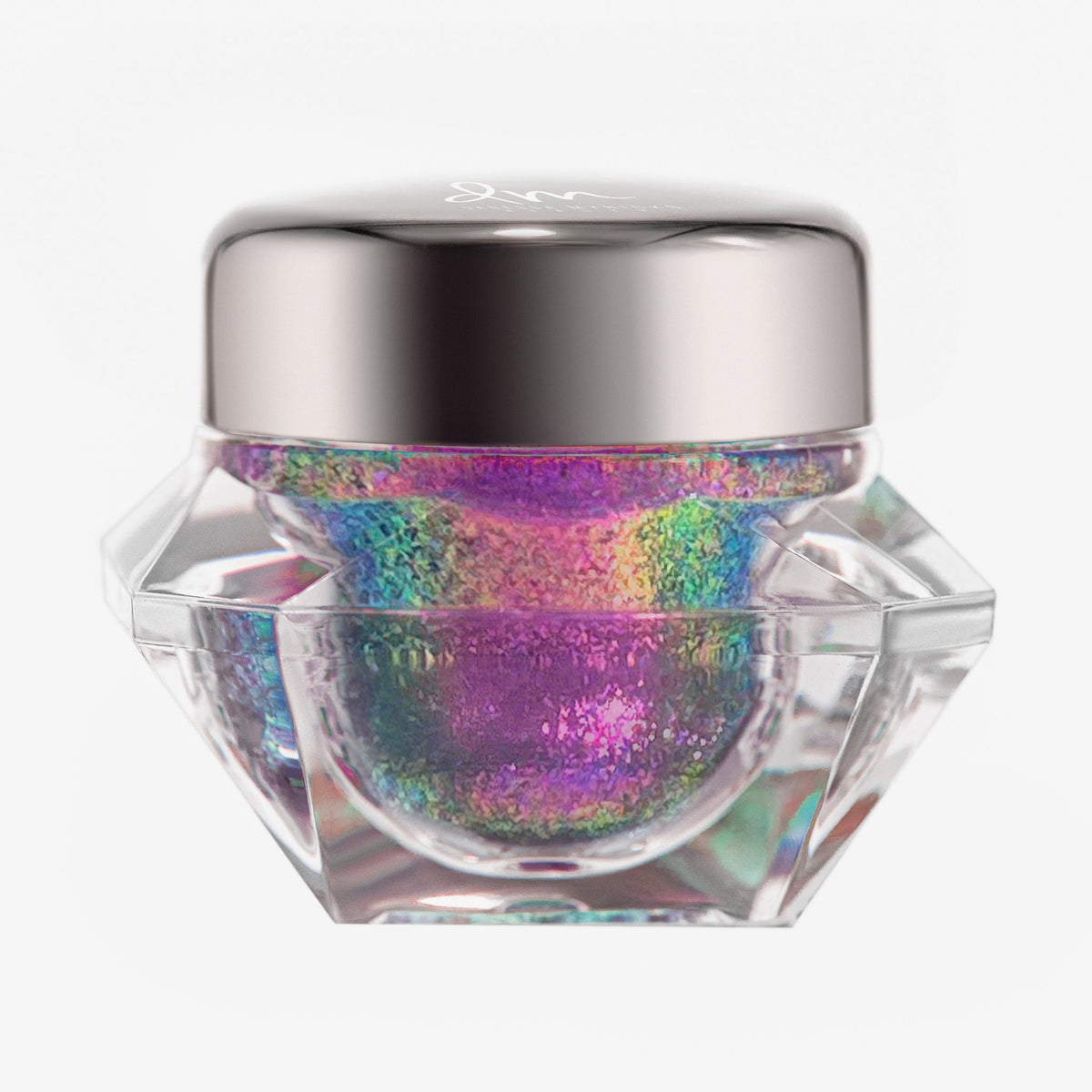 Transparenter Tiegel Infinite Chrome Flakes Kiss Me mit pink-grün-blau schillerndem Inhalt und silbernem Deckel vor weißem Hintergrund.