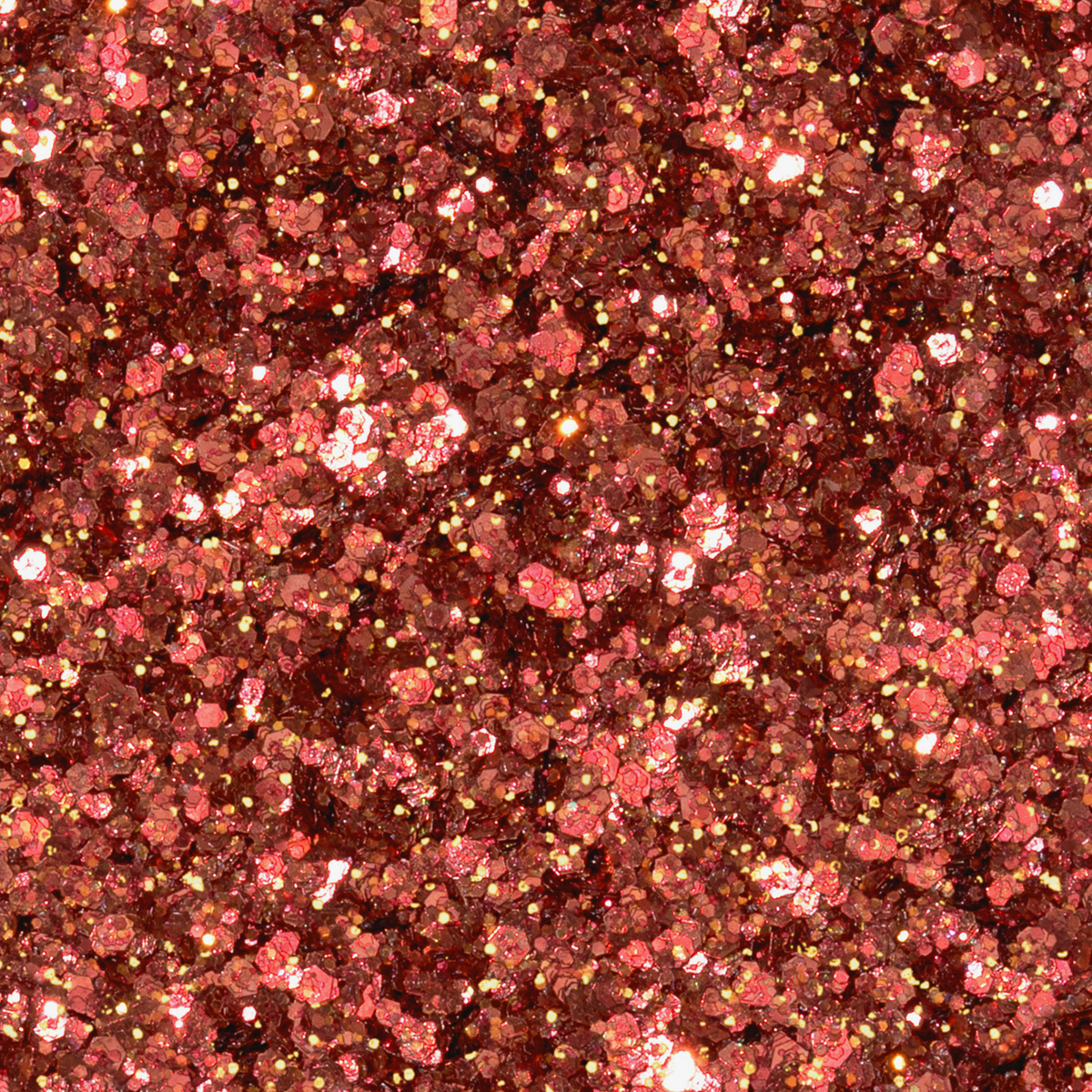 Die Ruby Lights Glitter Palette verfügt über eine glänzende Glitzertextur in Roségold mit funkelnden, reflektierenden sechseckigen und runden Partikeln.