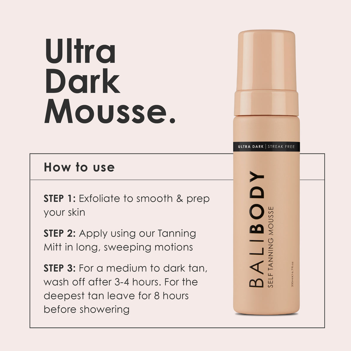 Anwendungshinweise und eine Flasche Self Tanning Mousse Ultra Dark vor hellem Hintergrund