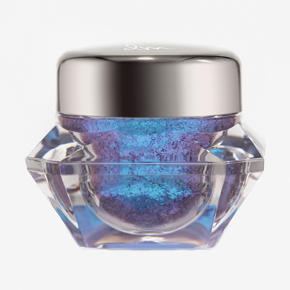 Transparenter Tiegel Infinite Chrome Flakes Moonlight mit blau-lila schillerndem Inhalt und silbernem Deckel vor weißem Hintergrund.