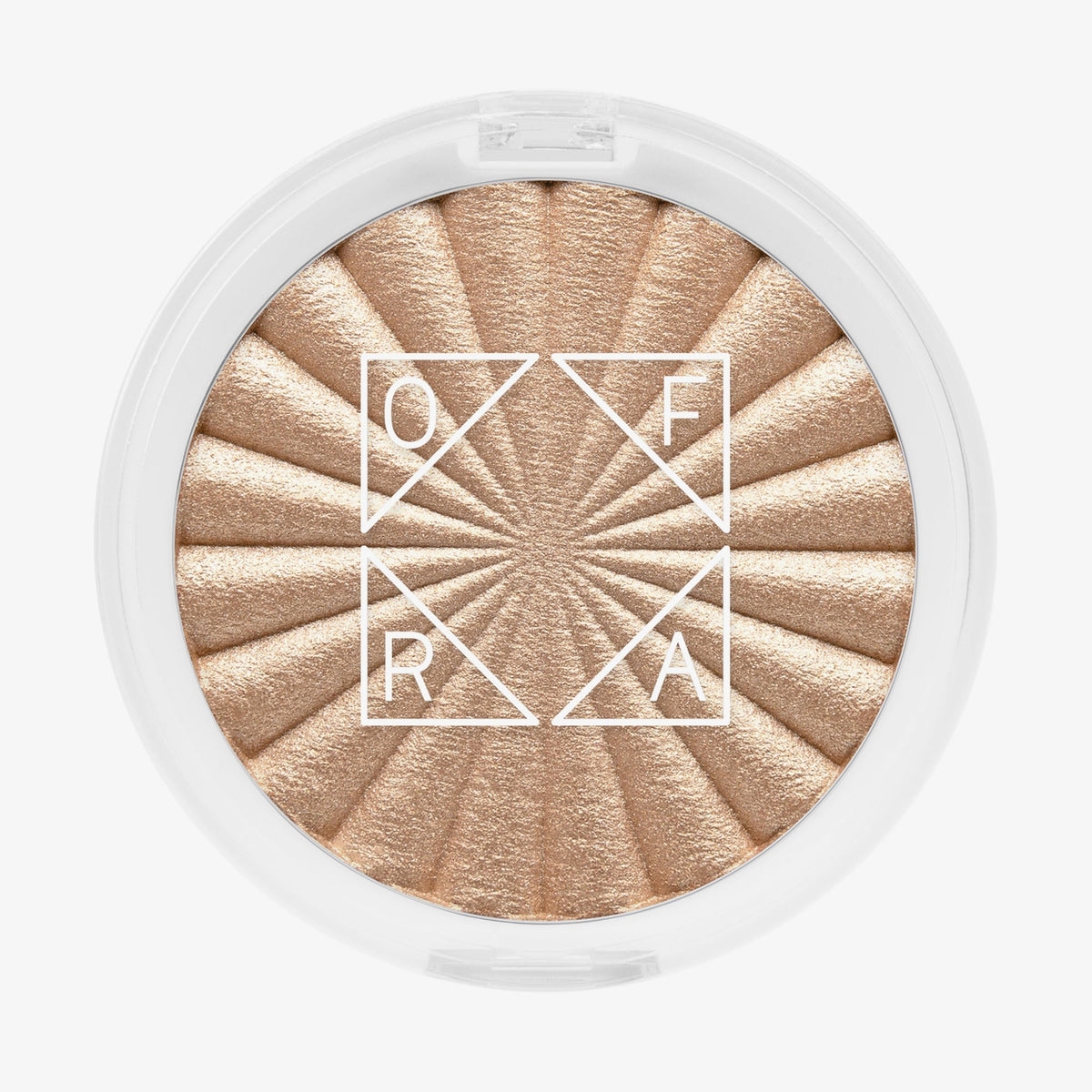 Die OFRA Cosmetics Rodeo Drive Highlighter Anniversary Edition ist ein runder goldener Highlighter in einer weißen Kompaktpackung mit Logo.