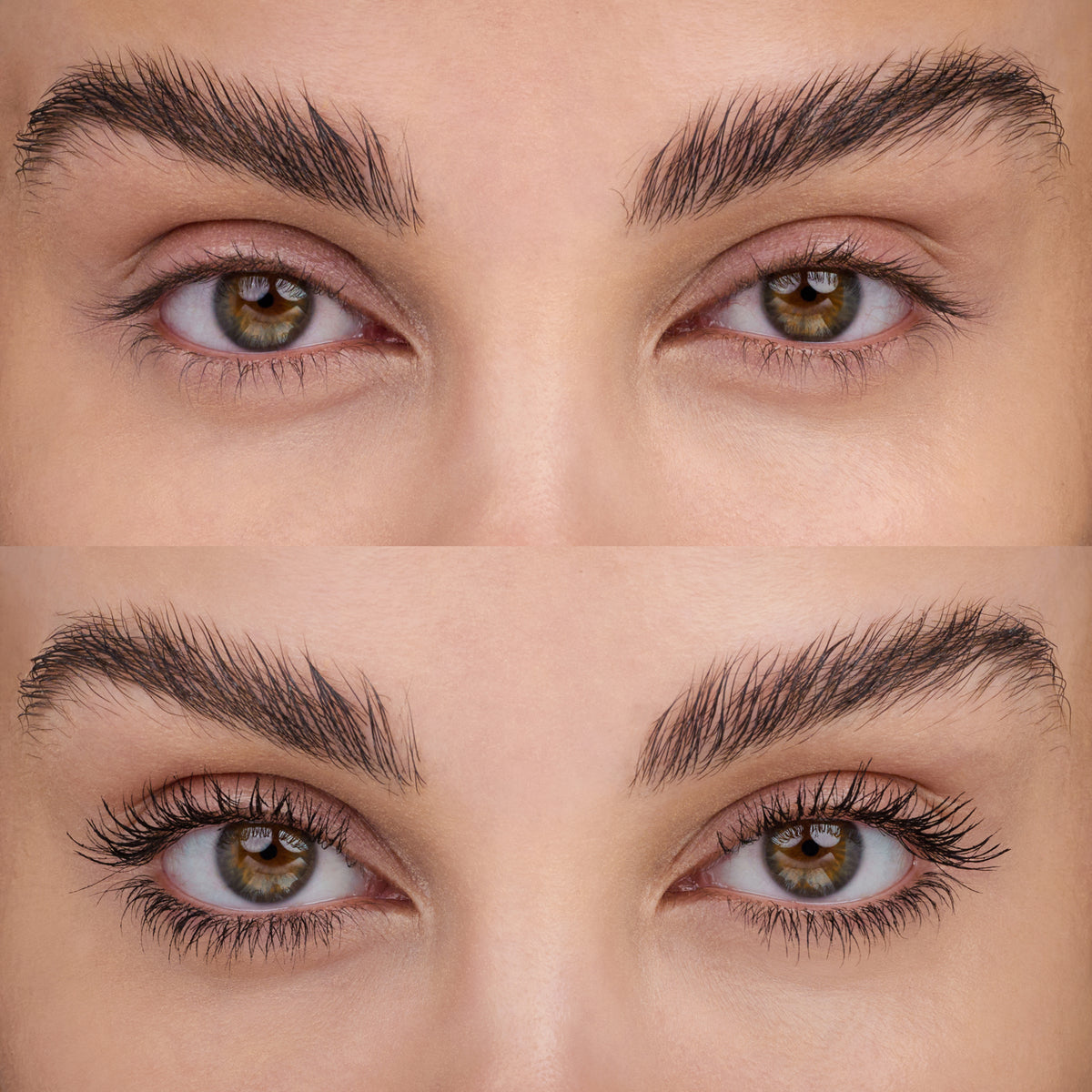 Vorher-Nachher-Bild grüner Augen nach Anwendung der Catrice Pure False Lash Mascara 010; danach deutlich definierte und längere Wimpern.