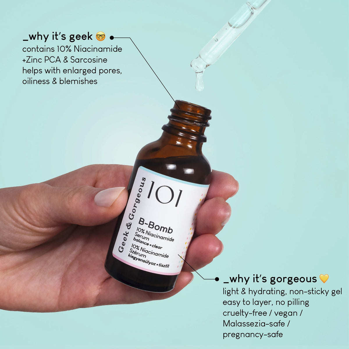 Eine Hand hält vor einem hellblauen Hintergrund eine Flasche B-Bomb; daneben Infos zu Inhaltsstoffen und Produkteigenschaften.