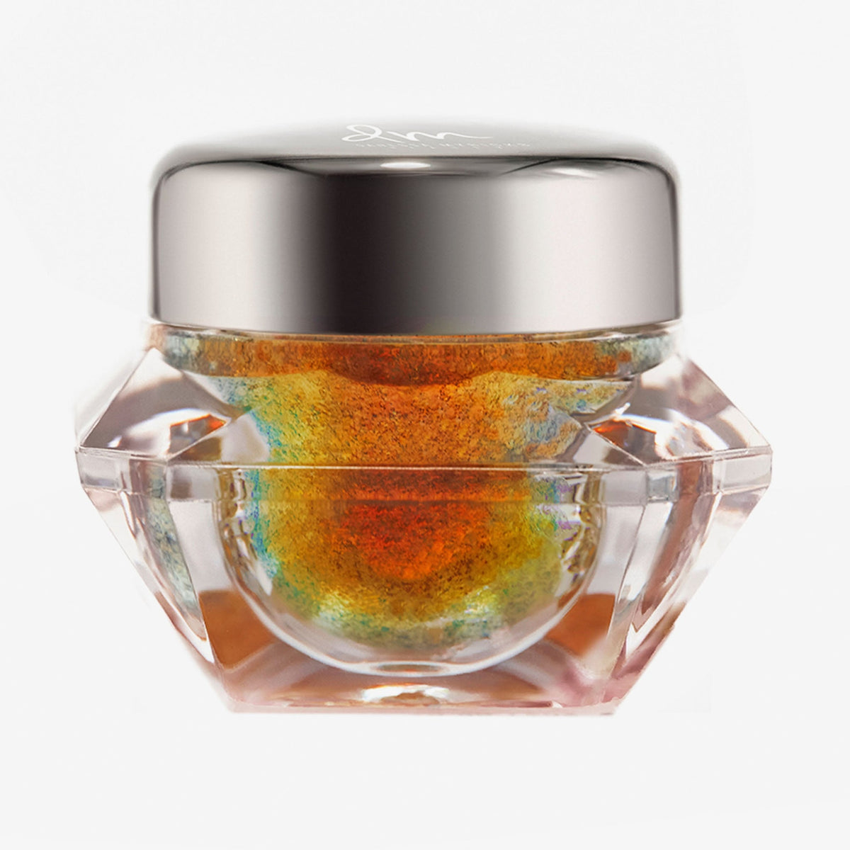 Transparenter Tiegel Infinite Chrome Flakes Hot Lava mit orange-blau schillerndem Inhalt und silbernem Deckel vor weißem Hintergrund.
