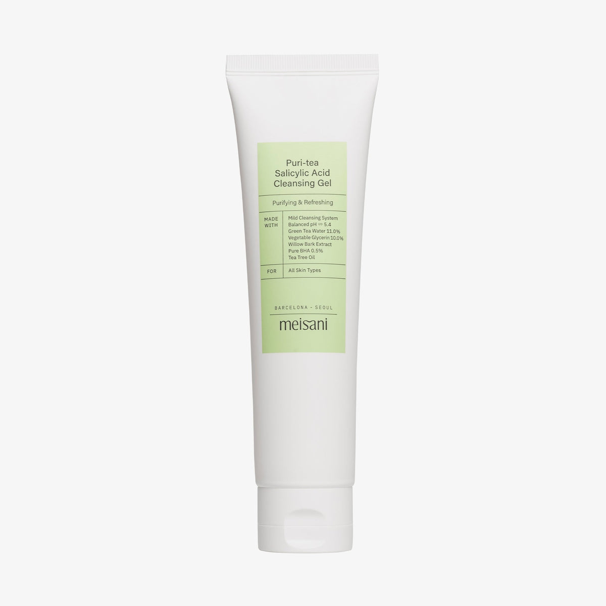 Auf einem weißen Hintergrund ist eine weiße Tube meisani Puri-Tea Salicylic Acid Cleansing Gel mit grünem Etikett abgebildet.
