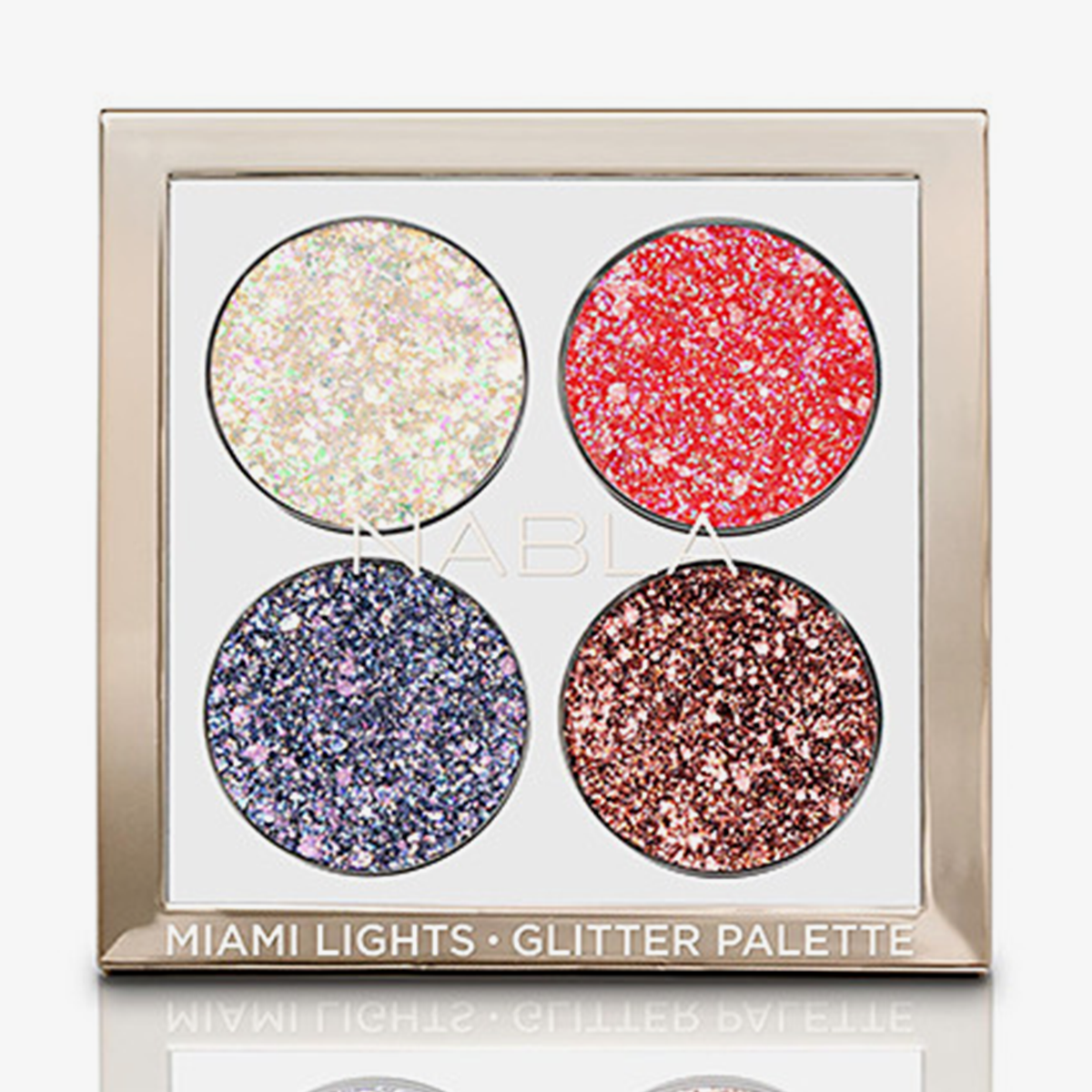 Die Miami Lights Glitter Palette ist ein goldverziertes Lidschattenset mit vier Farbtönen in den Glitzertönen Weiß, Rot, Lila und Bronze.