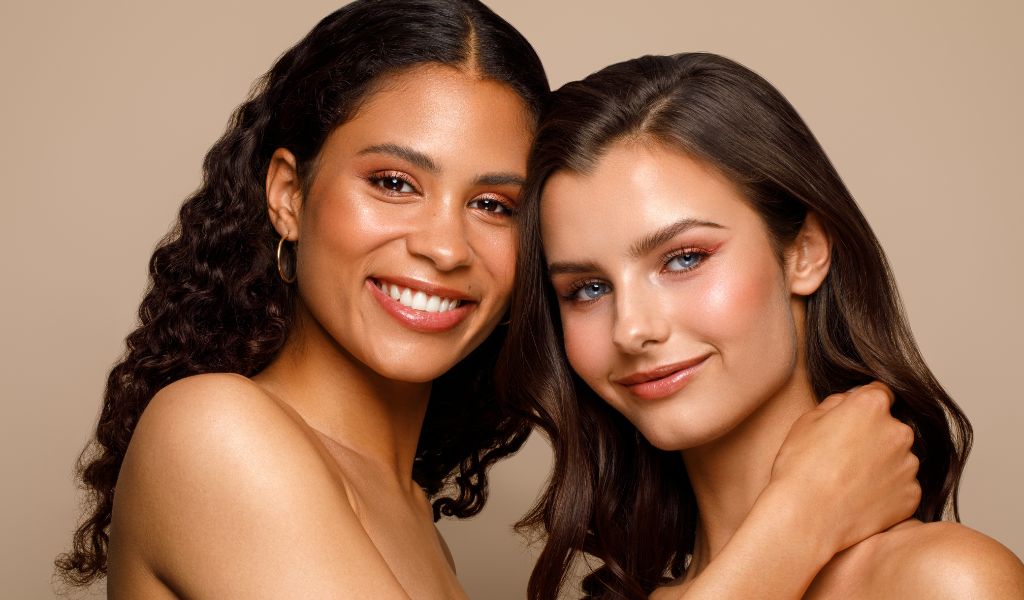 Zwei Frauen mit dunkeln Haaren und erdigen Make-up-Looks vor beigem Hintergrund.