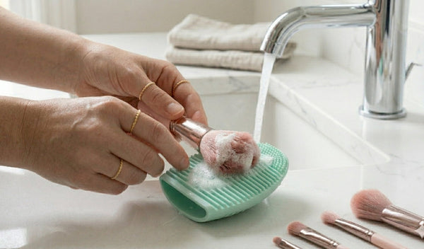 Hände reinigen Make-up-Pinsel mit Seife auf einer Silikonmatte unter fließendem Wasser im Waschbecken.