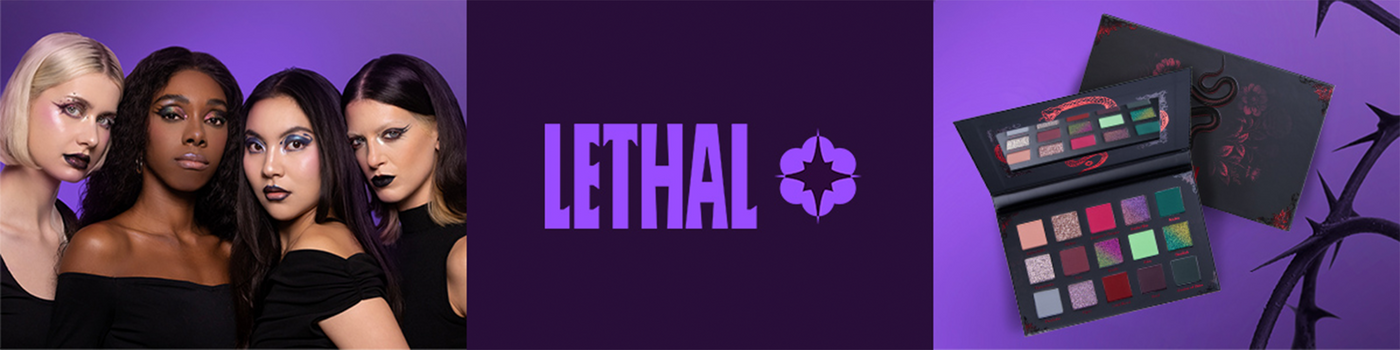 Vier Frauen mit dunklem Make-up, Lethal Logo, daneben zwei schwarze Lidschatten-Paletten auf lila Hintergrund.