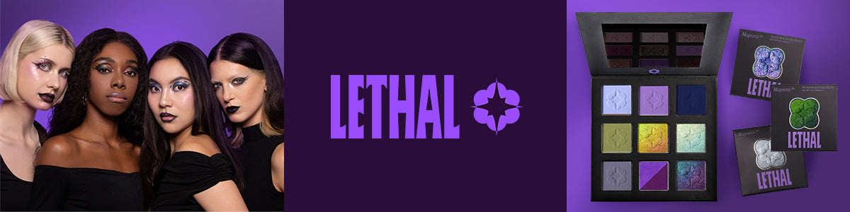 Vier Frauen mit dunklem Make-up, Lethal Logo, daneben zwei schwarze Lidschatten-Paletten auf lila Hintergrund.
