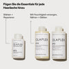 OLAPLEX N°3 Hair Perfector, N°4 Bond Maintenance Shampoo und Conditioner auf weißem Hintergrund; dazu Produktvorteile.