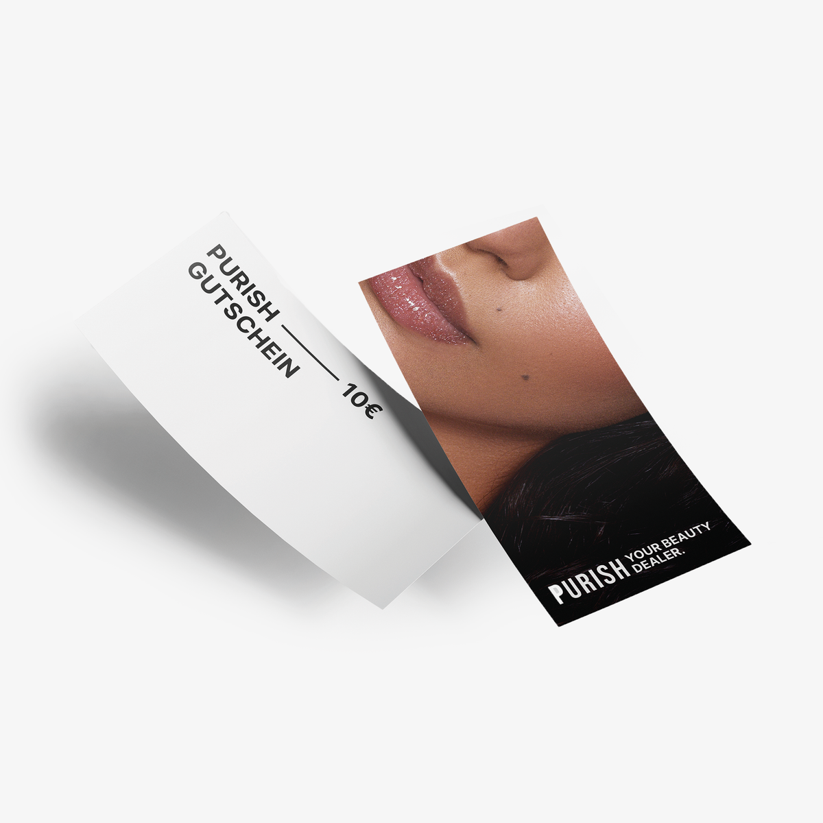 Abbildung der Vorder- und Rückseite eines PURISH-Gutscheins: vorne mit den Lippen einer Frau, hinten mit der Aufschrift „PURISH GUTSCHEIN – 10€“.