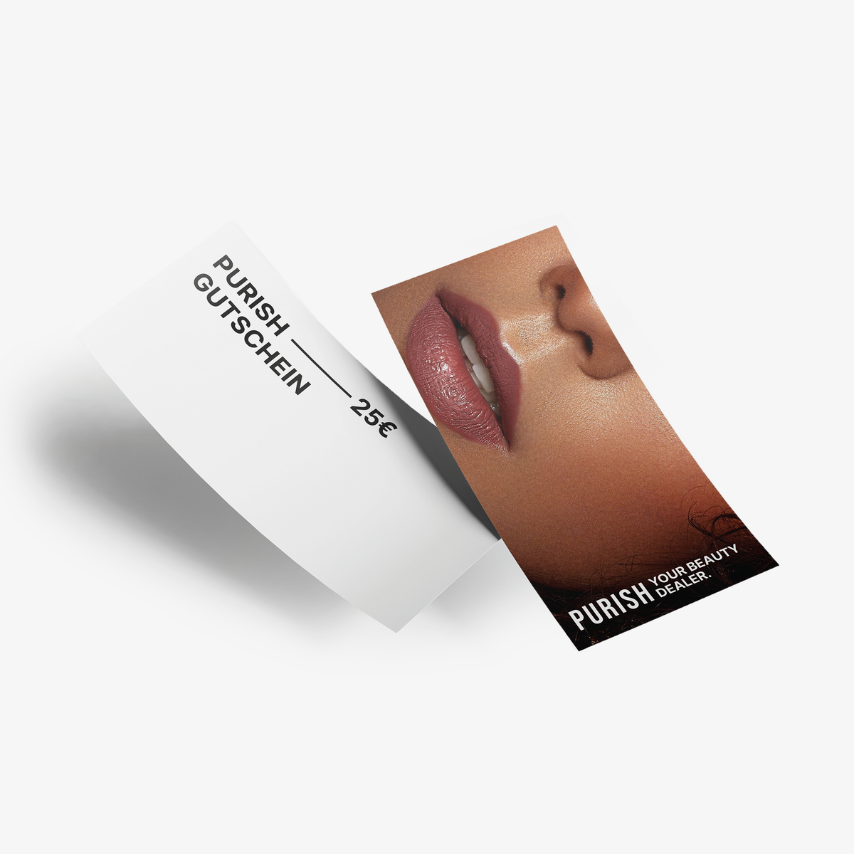 Abbildung der Vorder- und Rückseite eines PURISH-Gutscheins: vorne mit den Lippen einer Frau, hinten mit der Aufschrift "PURISH Gutschein - 25€".