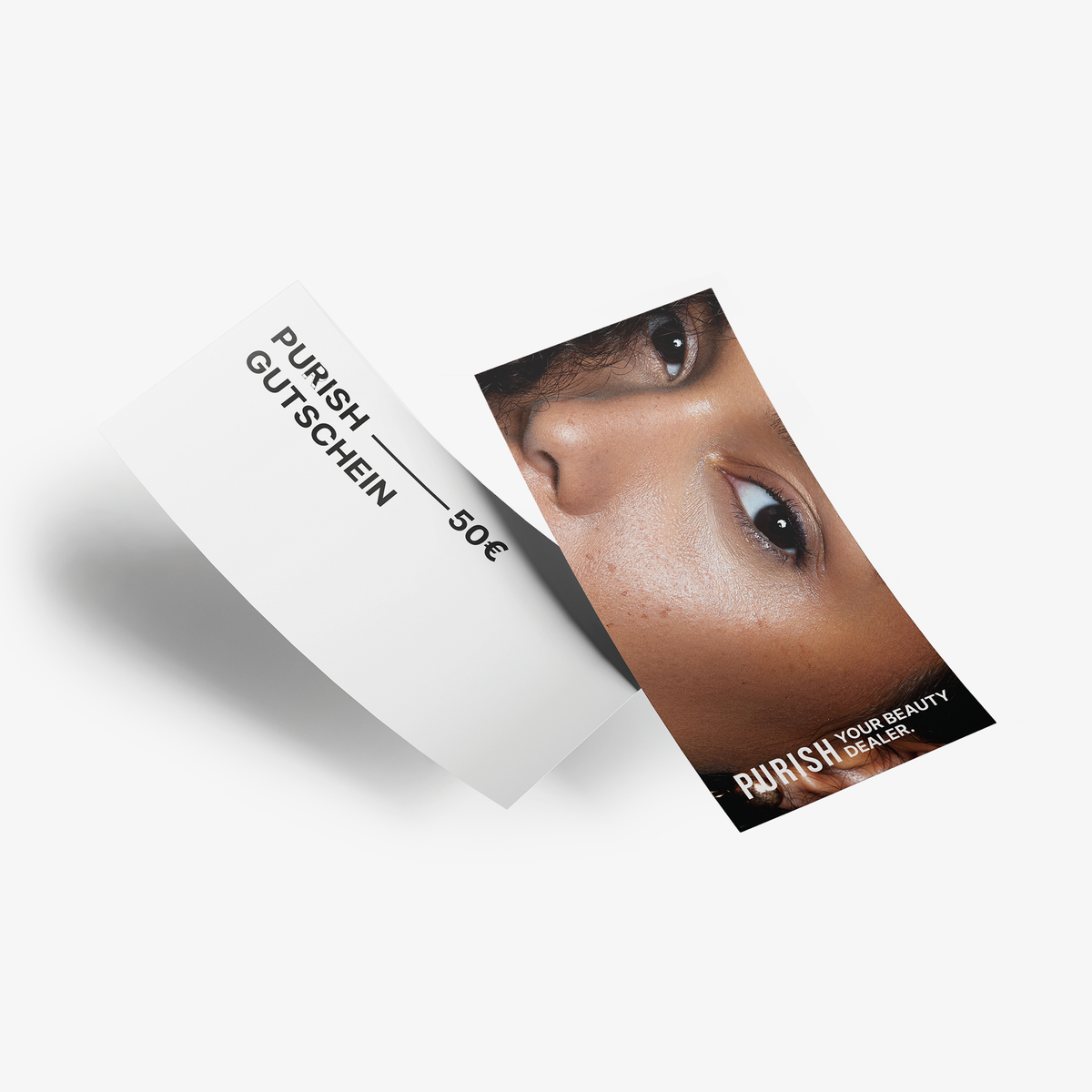Abbildung der Vorder- und Rückseite eines PURISH-Gutscheins: vorne mit den Augen einer Frau, hinten mit der Aufschrift "PURISH Gutschein - 50€".