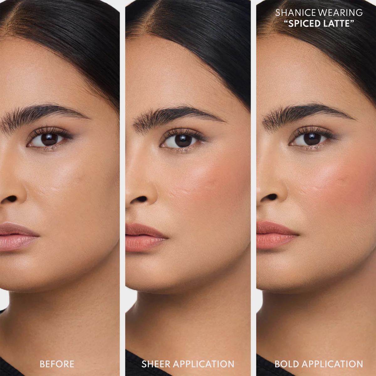 Frau trägt Mini Yummy Skin Blurring Balm Powder Flushed in der Farbe ‚Spiced Latte‘ – ungeschminkt, leicht aufgetragen und intensiv aufgetragen im Vergleich.