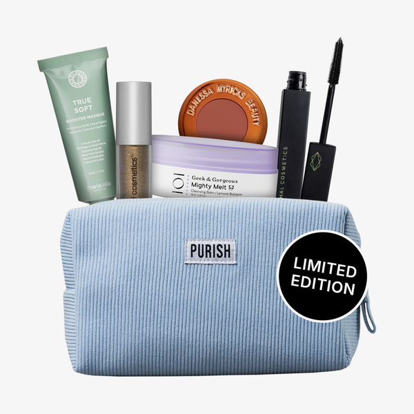 Beauty-Set mit Purish-Tasche, Mascara, Cream Blush, Cleansing Balm, Glitzer-Lidschatten und Haarmaske; schwarzer „Limited Edition“-Sticker.
