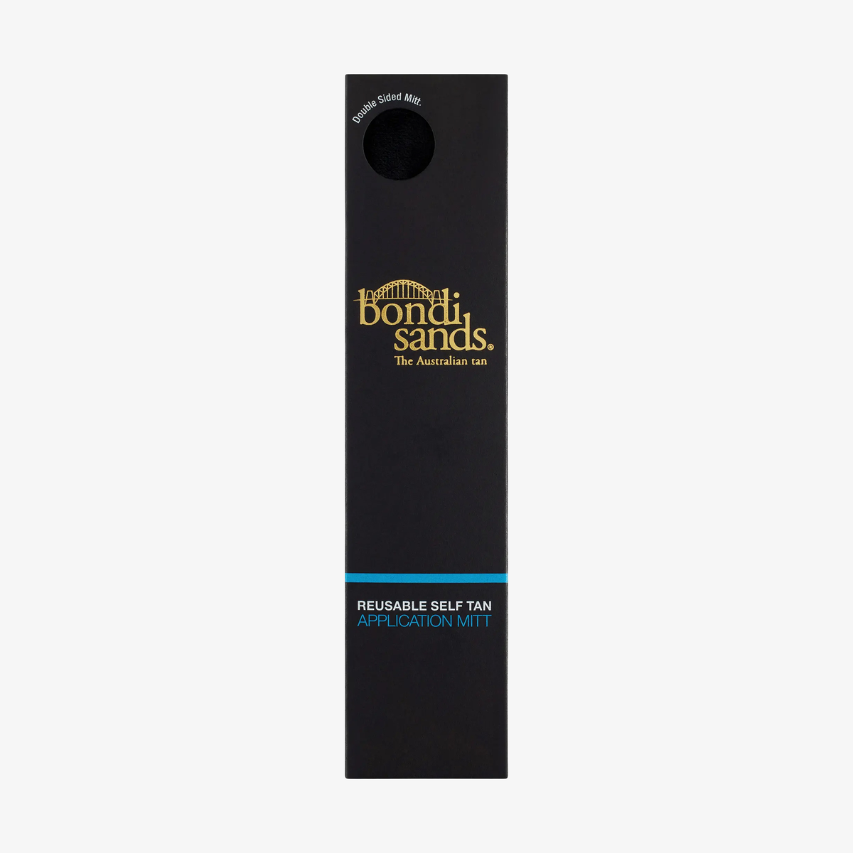 Schwarze Verpackung des Bondi Sands Self Tan Application Mitt mit goldfarbenem Logo und Sichtfenster, das den Applikationshandschuh zeigt.