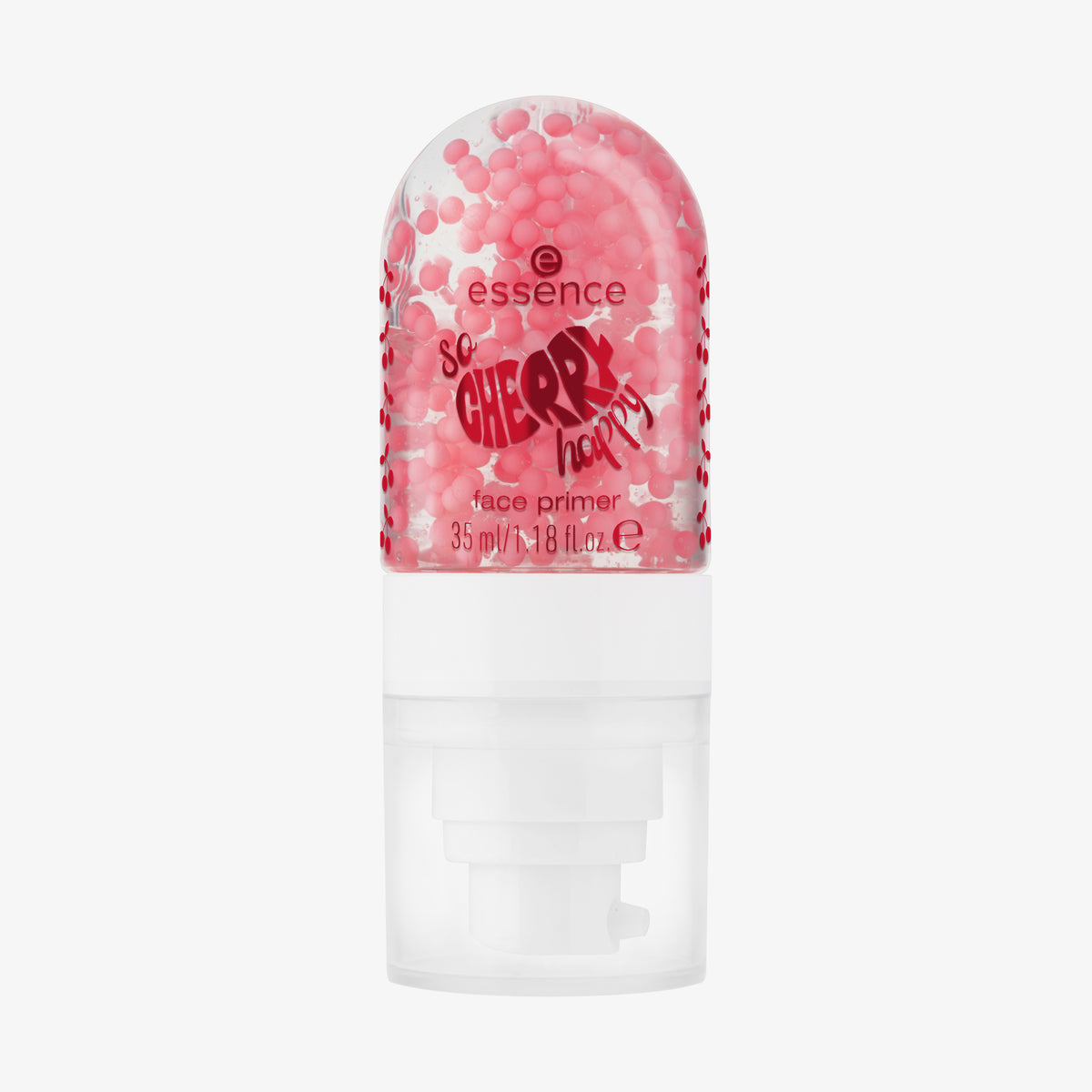 Klare Pumpflasche SO CHERRY Happy Face Primer 01 mit sichtbaren rosa Perlen im Inneren.