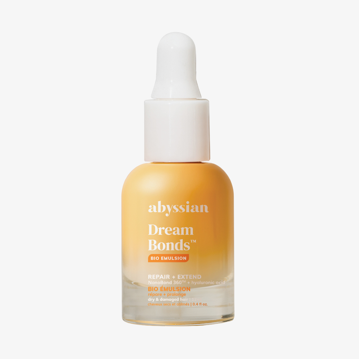 Abyssian Dream Bonds Bio-Emulsionsserum mit Tropfer, gelbe Flüssigkeit in einer Flasche, abgebildet auf weißem Hintergrund.