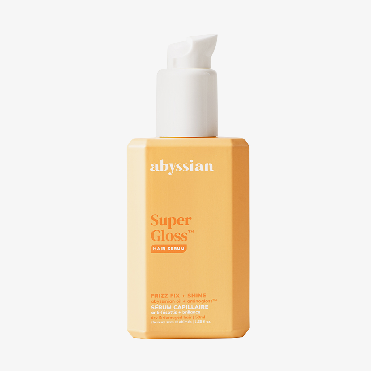 Abyssian Supergloss Haarserum in einer gelben Flasche mit weißem Pumpspender, gegen krauses Haar und für mehr Glanz.