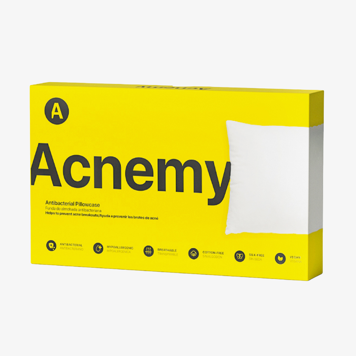 Eine gelbe Acnemy-Box mit der Aufschrift "Antibakterieller Kopfkissenbezug" mit einem weißen Kissen, das rechts abgebildet ist.