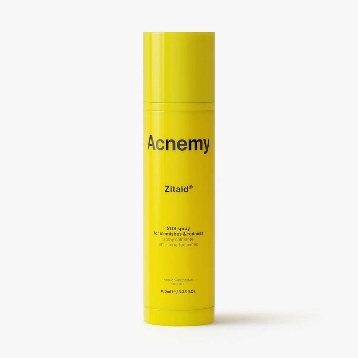 Eine leuchtend gelbe Flasche mit der Aufschrift „Zitaid-Spray gegen Hautunreinheiten und Rötungen, 100 ml“.