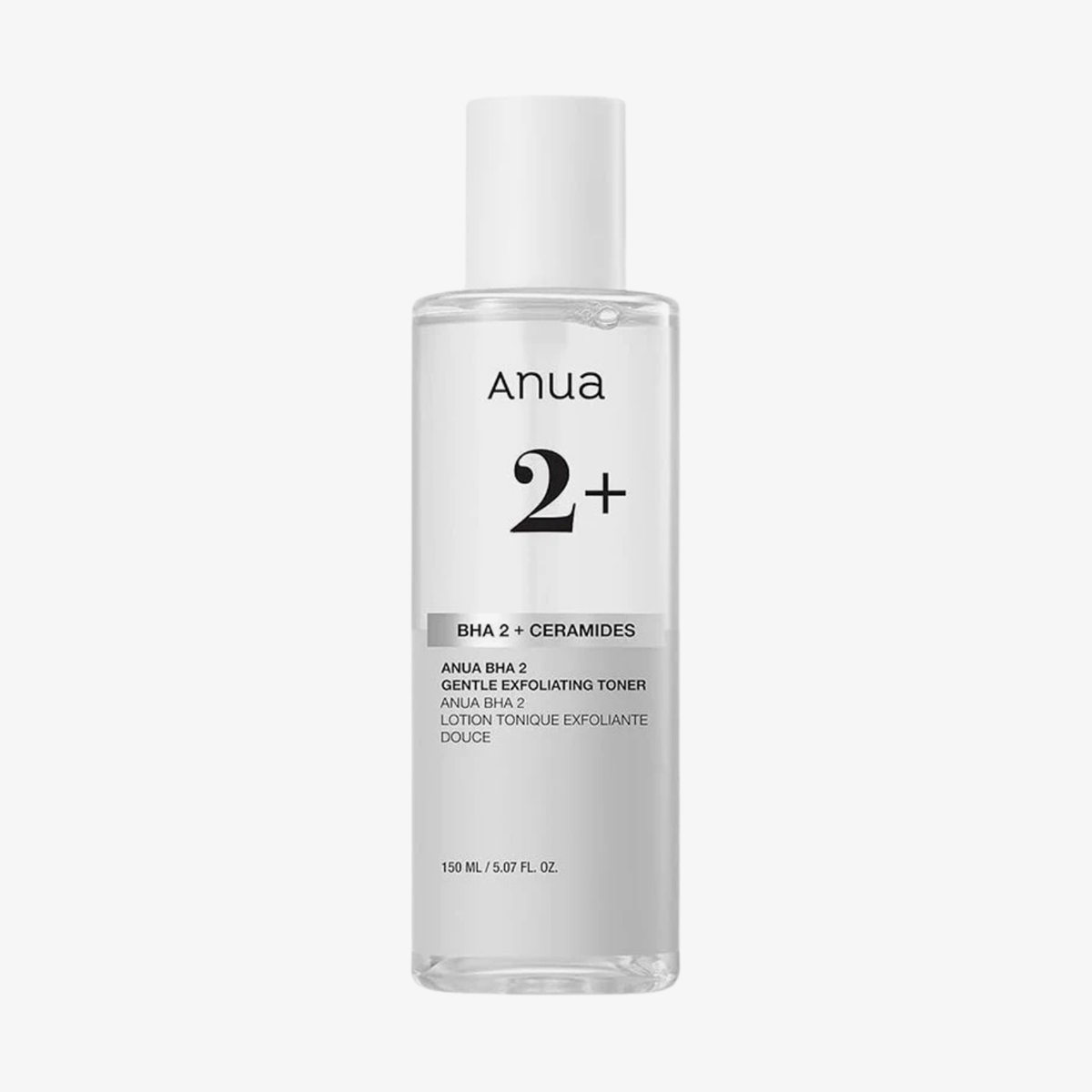 Durchsichtige 150-ml-Flasche mit der Aufschrift „ANUA BHA 2 % Gentle Exfoliating Toner“.