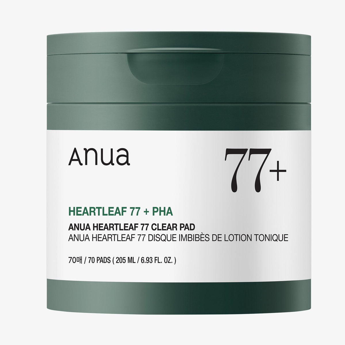Ein grün-weißer Behälter mit Heartleaf 77 % Toner Pad, 70 Pads, 205 ml.