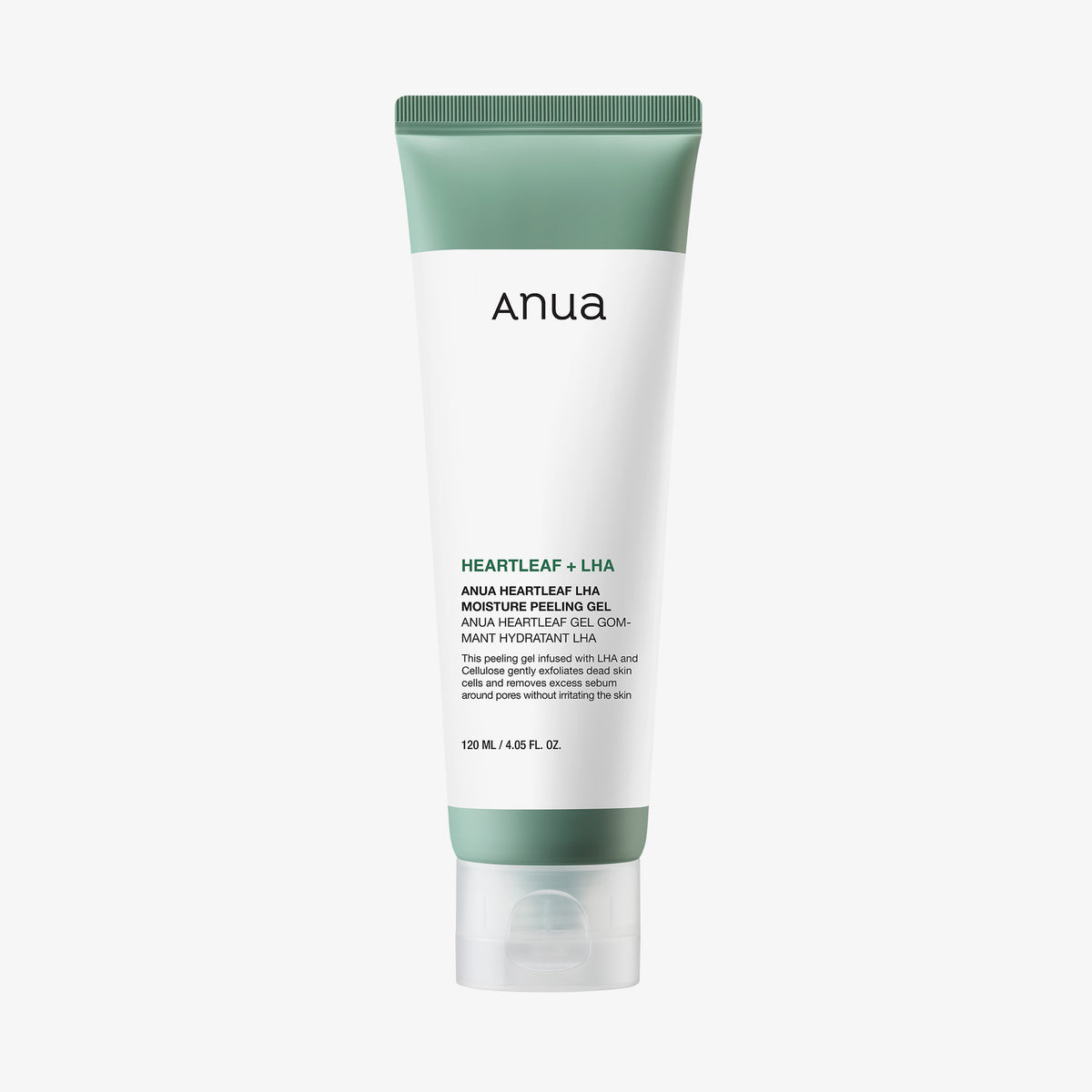 Eine grün-weiße Tube Heartleaf LHA Moisture Peeling Gel (120 ml) auf weißem Hintergrund.