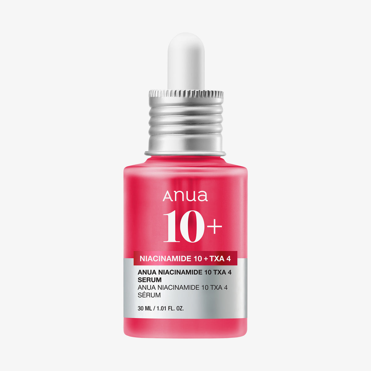 Eine rosa Tropfflasche mit der Aufschrift „Niacinamide 10 % + TXA 4 % Dark Spot Correcting Serum“, 30 ml.
