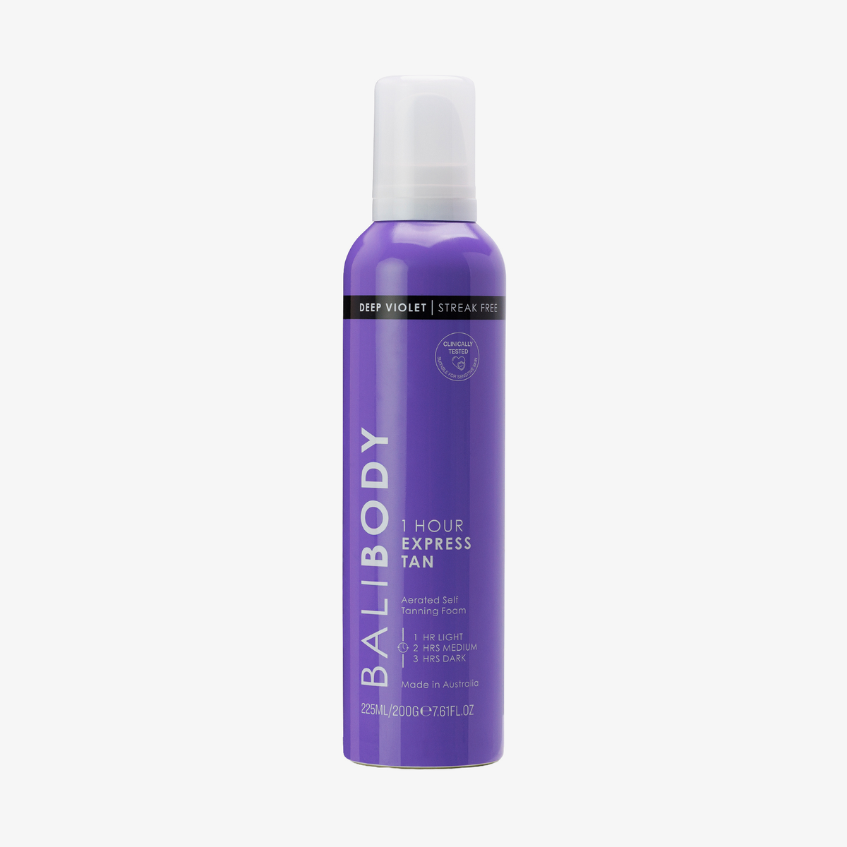 Eine violette Flasche Bali Body Violet 1 Hour Express Tan advanced self-tanning foam mit einer weißen Kappe.