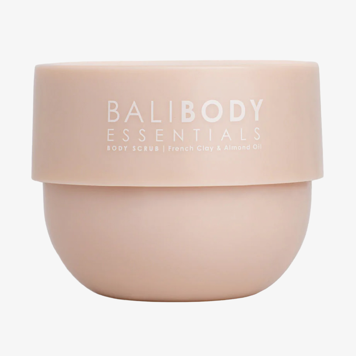 Pfirsichfarbener Tiegel der Bali Body Body Scrub mit weißer Aufschrift.