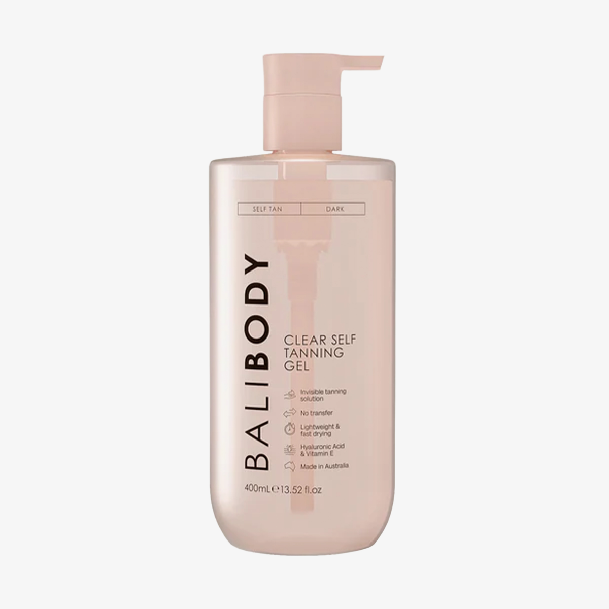 Beigefarbene Pumpflasche Bali Body Clear Self Tanning Gel für unsichtbare, schnell trocknende Bräune mit Hyaluronsäure und Vitamin E.
