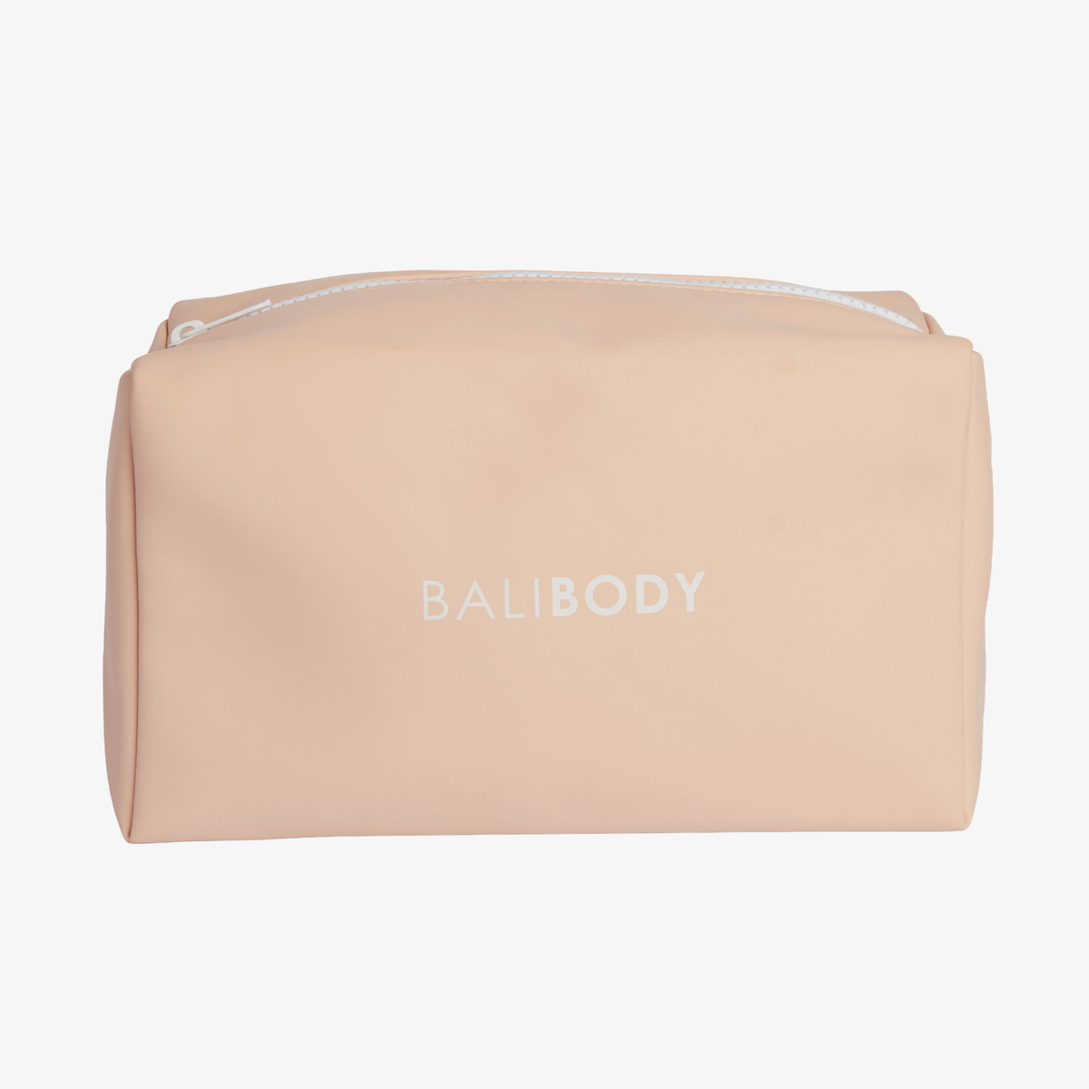 Das „Bali Body Mini Welcome Kit“ besteht aus einer beigen, rechteckigen Tasche mit der Aufschrift „BALI BODY“ in Weiß und einem weißen Reißverschluss oben.